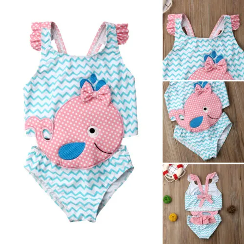 Girls One-piece Swimwear, Wave Cartoon Swimsuit, Sleeveless Bathing Suit