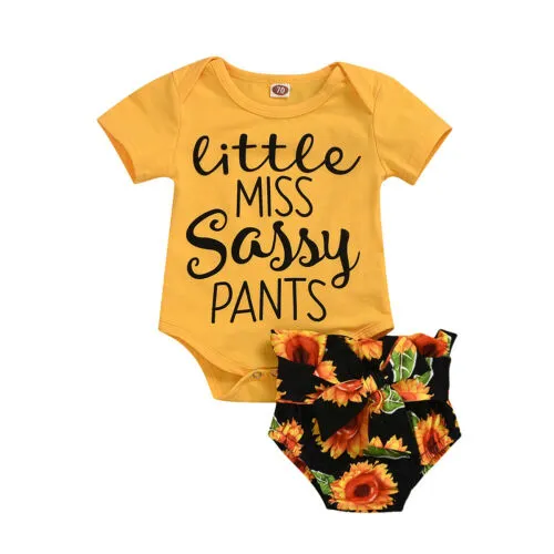 Baby Girls Clothes Set, Yellow Short Sleeve Romper and Black Floral Print Shorts