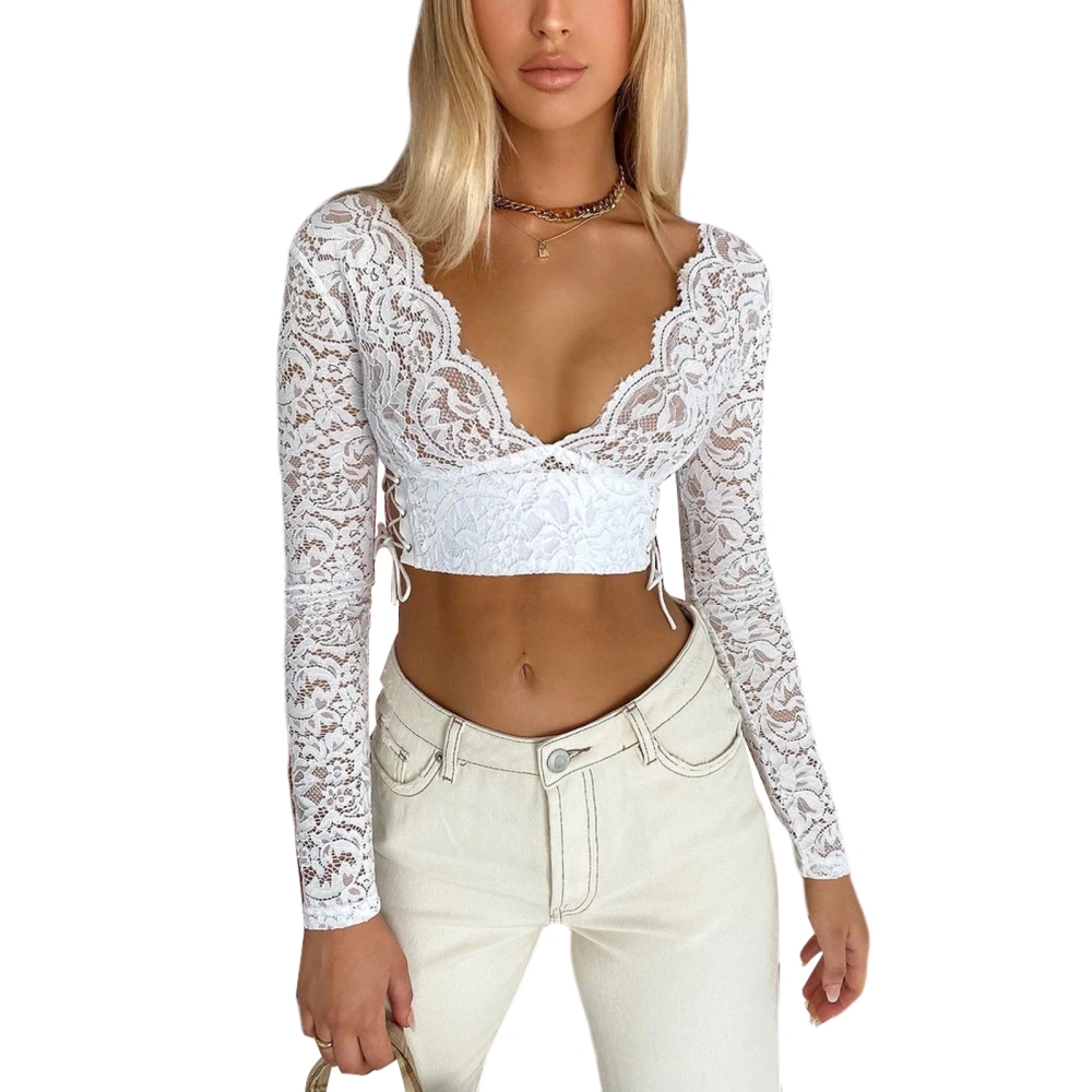 Women's T-shirt, Sexy Lace Hollow Out Long Sleeve Top for Party Shopping