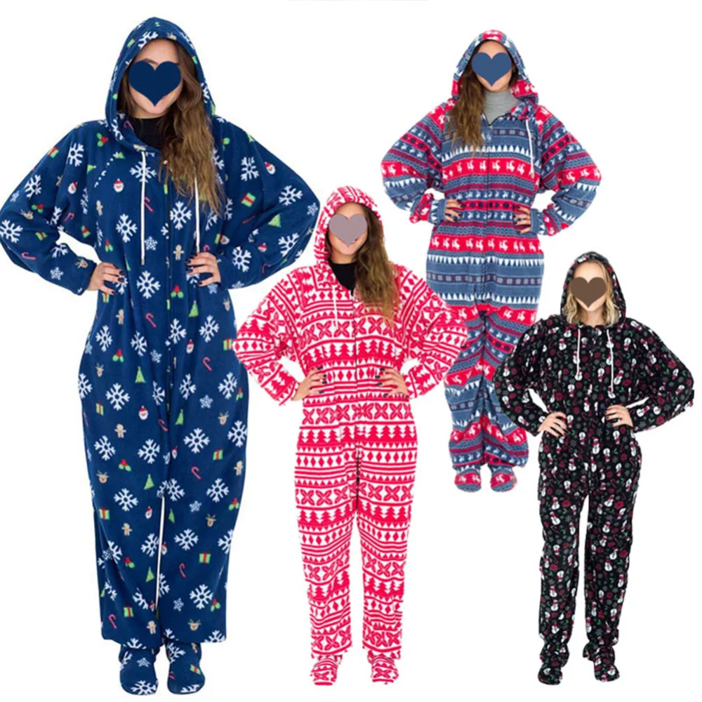 Women Christmas Home Rompers, Cartoon Hooded Long Sleeves Jumpsuits