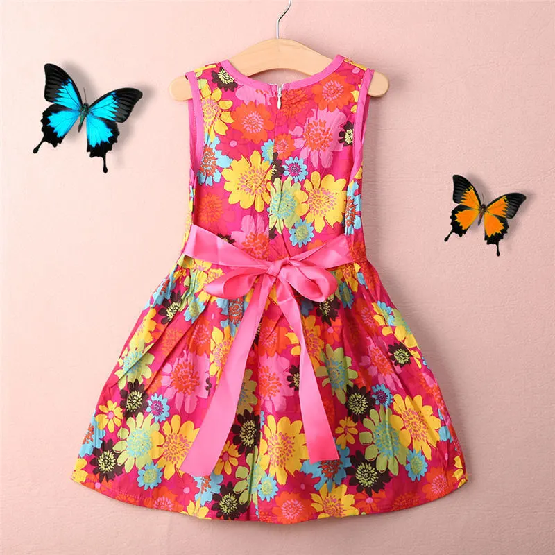 Girls Princess Dress, Rosy Sleeveless Round Collar Floral Print One-piece