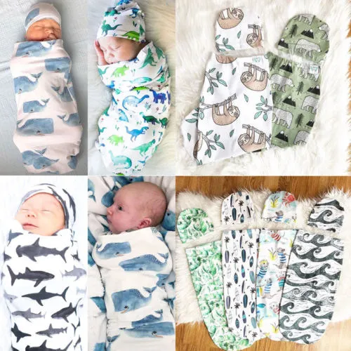 Baby Cotton Swaddle Blanket Cartoon Seal Print Cute Sleeping Bag + Hat