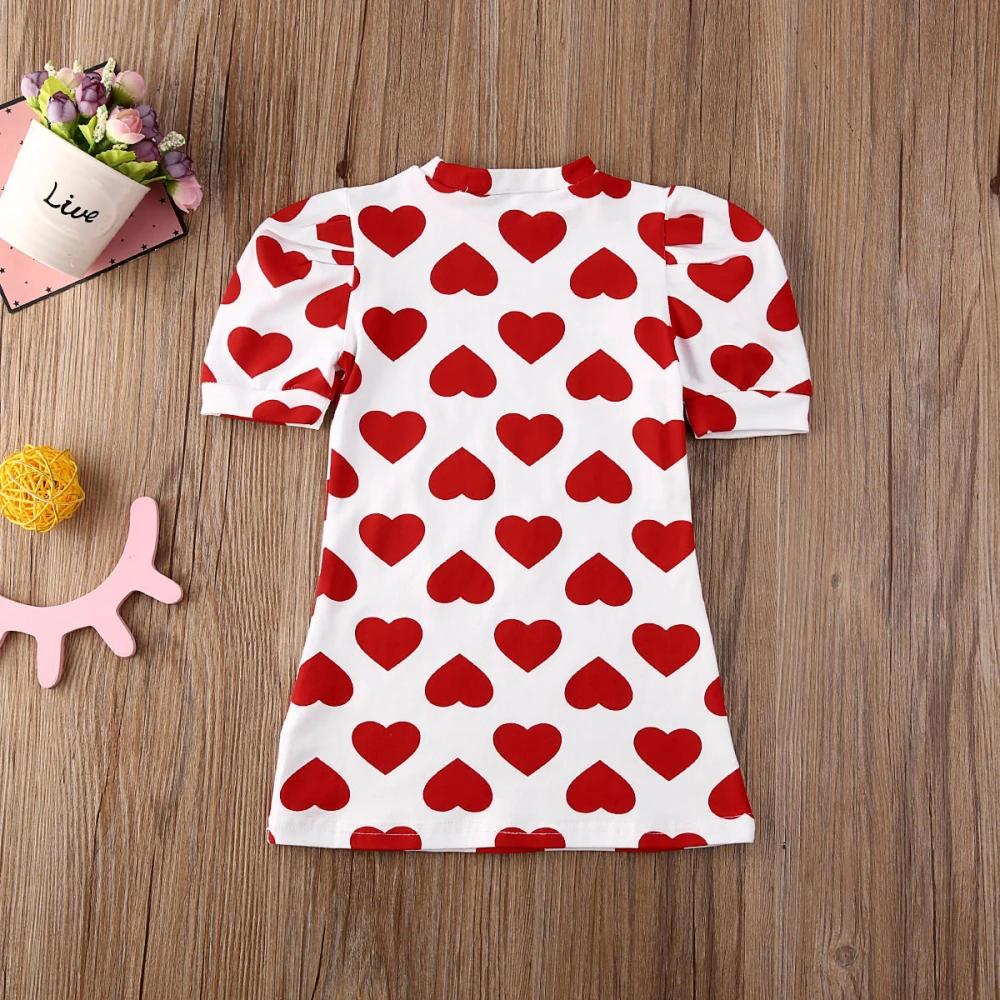 Girl's Short Puff Sleeve Round Neck Heart Print Straight Dress