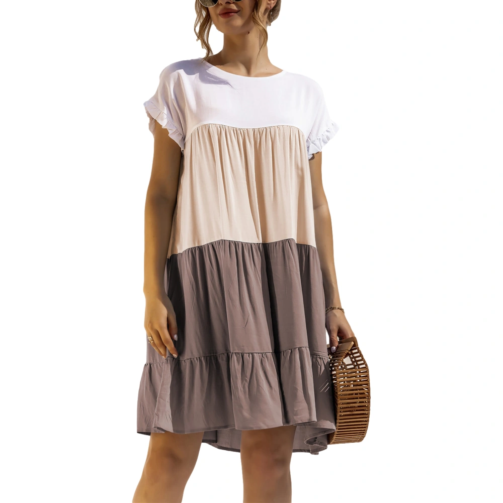 Color Block Dress, Loose Ruffle Short Sleeve Round Neck One-piece