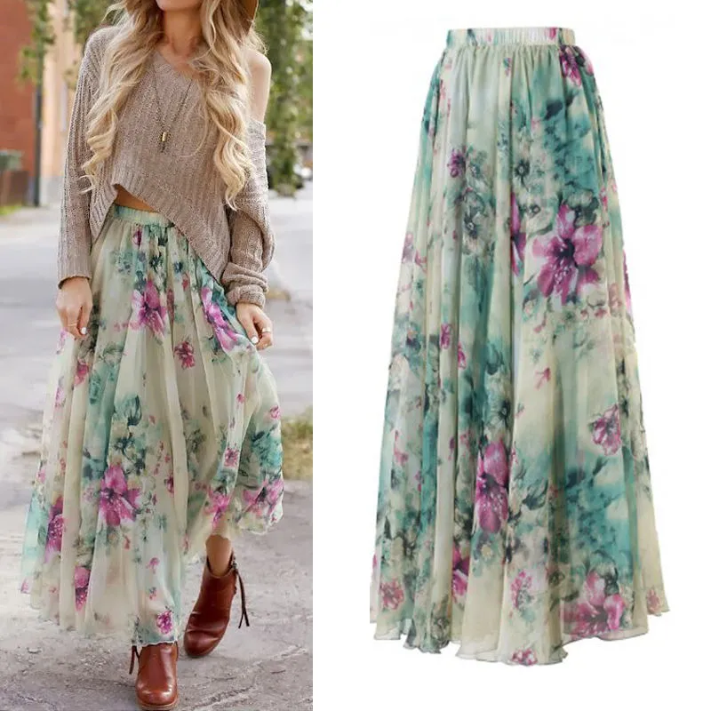 Women Floral Long Skirt, Evening Party Maxi Skirt, Boho Beach Skirt