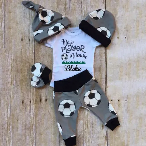 Baby Boy's White Short Sleeve Letter Print Romper + Soccer Print Pants + Hat