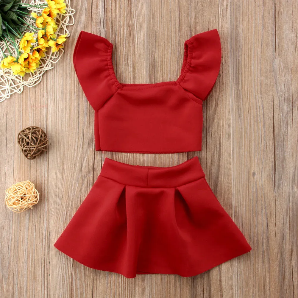 Baby Girls 2Pcs Outfits, Off Shoulder Crop Tops + Bowknot Skirt Suits