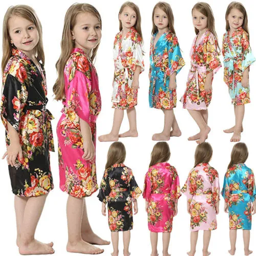 Little Girls Night Robe with Removable Waist Belt, Floral Cardigan Pajama