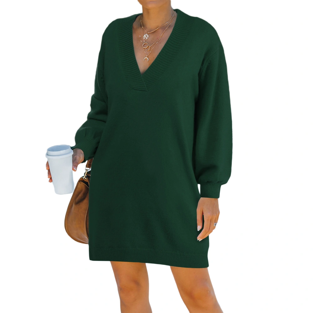 Women Solid Color Dress, Casual Long Sleeve V-neck Knit One-piece