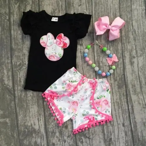 Girl 2 Pieces Outfit, Cartoon Short Sleeve Tops + Floral Print Shorts