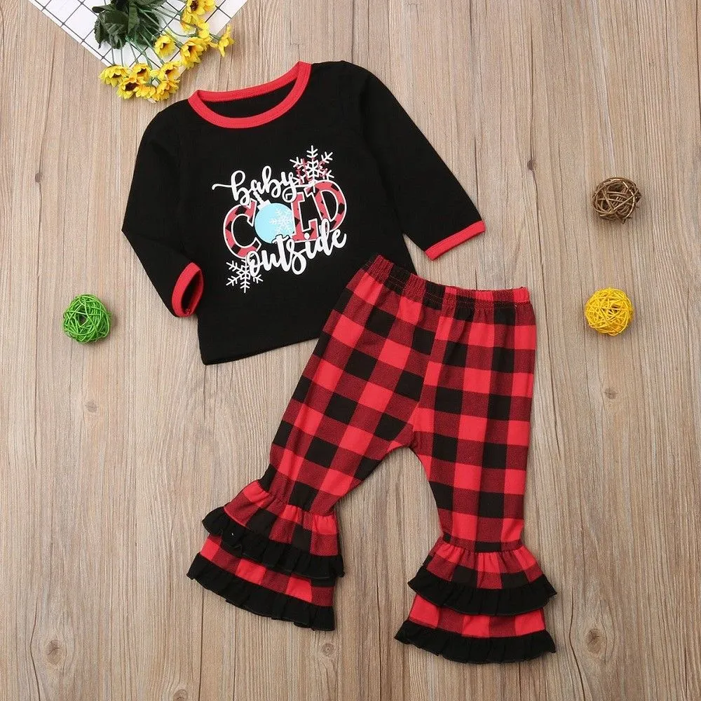 Baby Girl's Black Long Sleeve Round Neck Letter Print Tops +Plaid Flare Pants