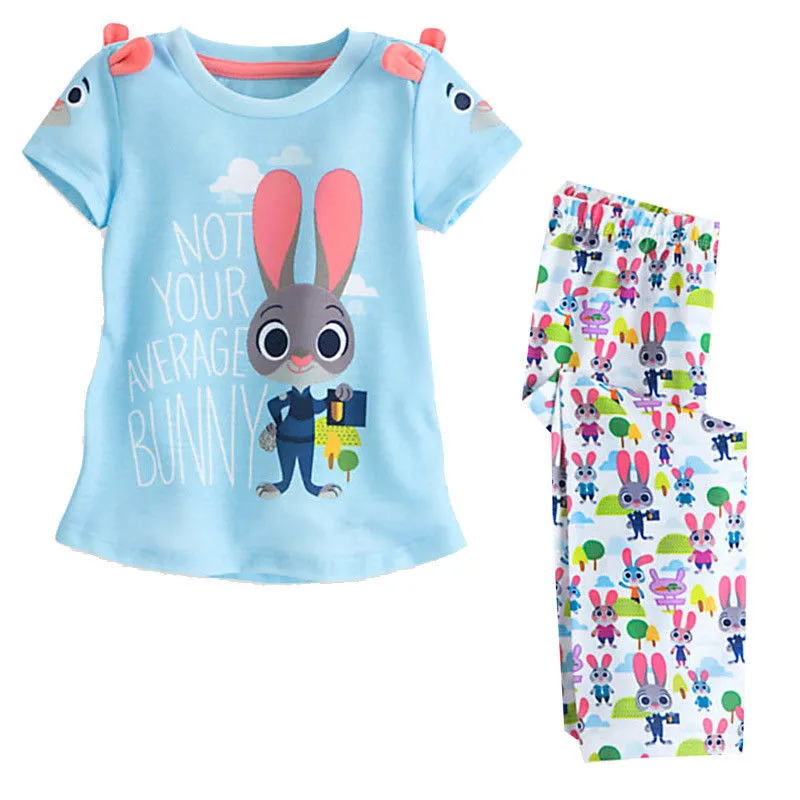 Little Girls 2PCS Outfit Set, Short Sleeve Rabbit Top, Long Slim Bunny Pant