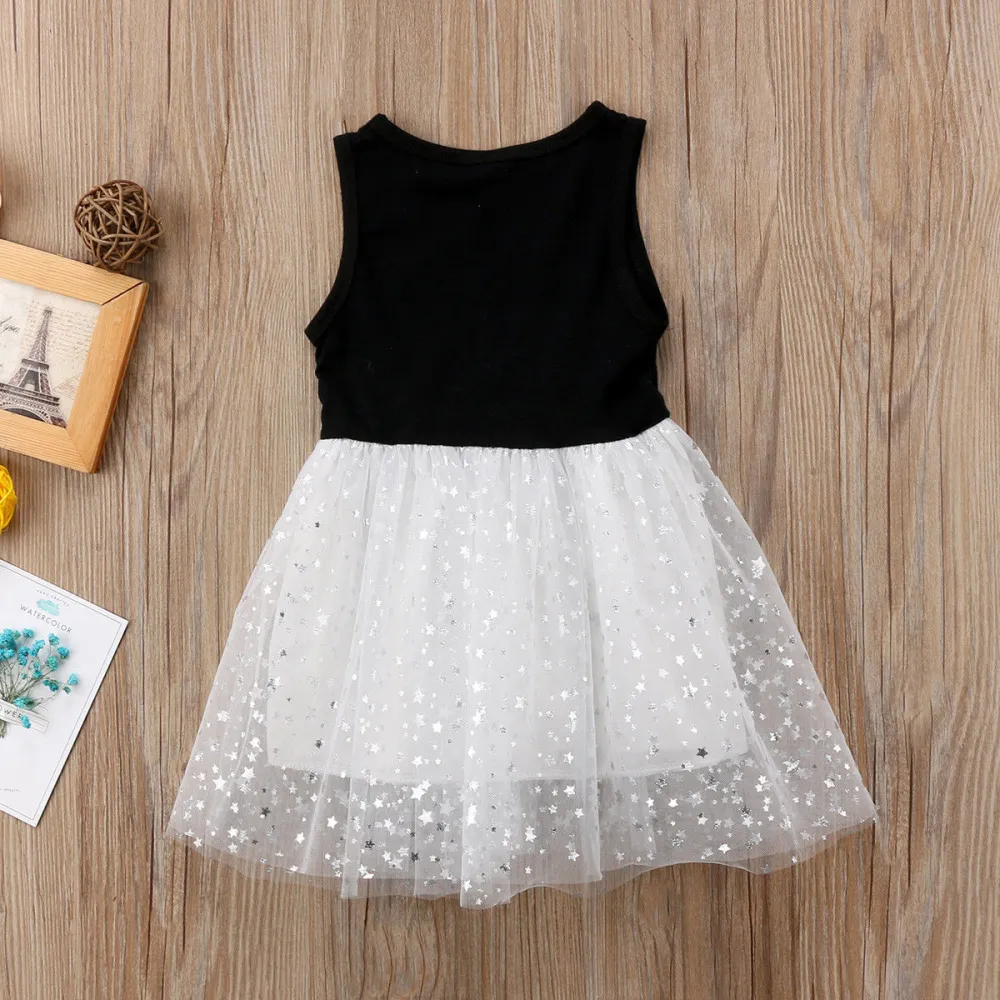 Girls Sleeveless Dress Star Print Tulle Patchwork Dress O-Neck Dress