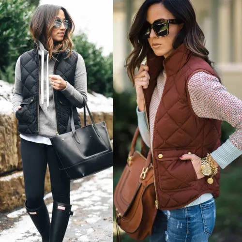 Women Vest Stand Collar Warm Padded Zip Side Pockets Gilet Quilted Puffer Vest