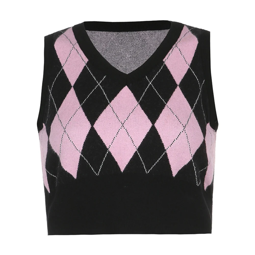 Women’s Argyle Sweater Vest Plaid Print Sleeveless V Neck Knit Pullover Crop Top