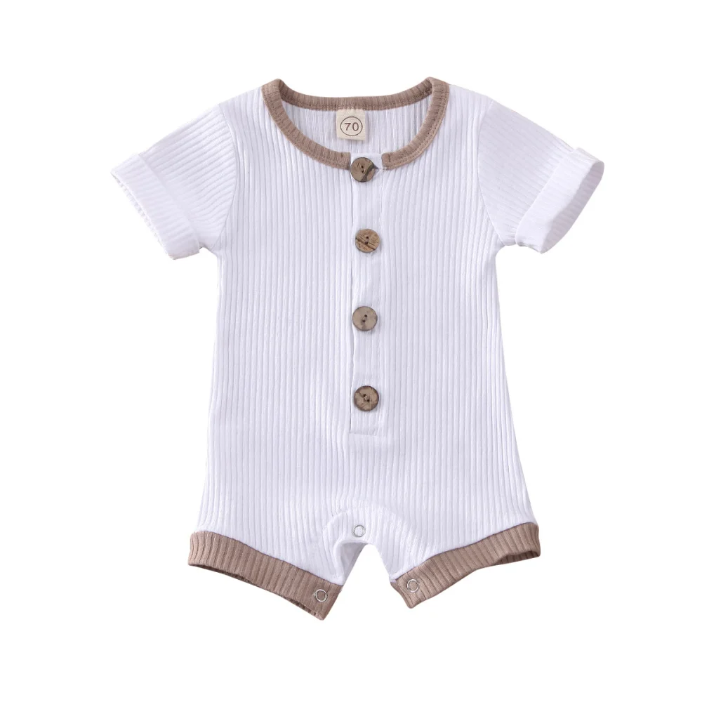 Baby Boys Girls Summer Outfit Short Sleeve Knitted Button Up Solid Color Romper