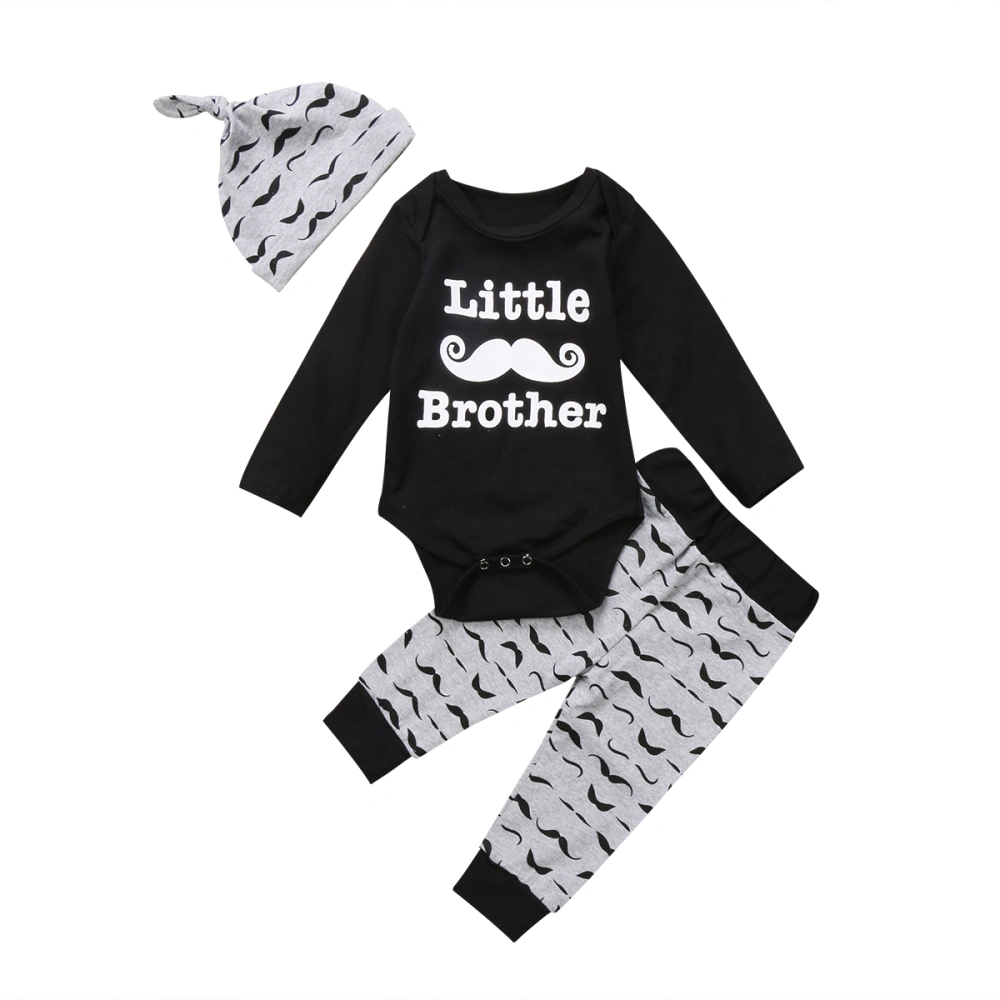 Baby Boy's Black Long Sleeve Letter Romper + Mustache Print Pants + Hat