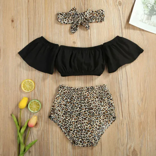 Girls 3 Pieces Outfit, Off-shoulder Tops + Leopard Shorts + Headband