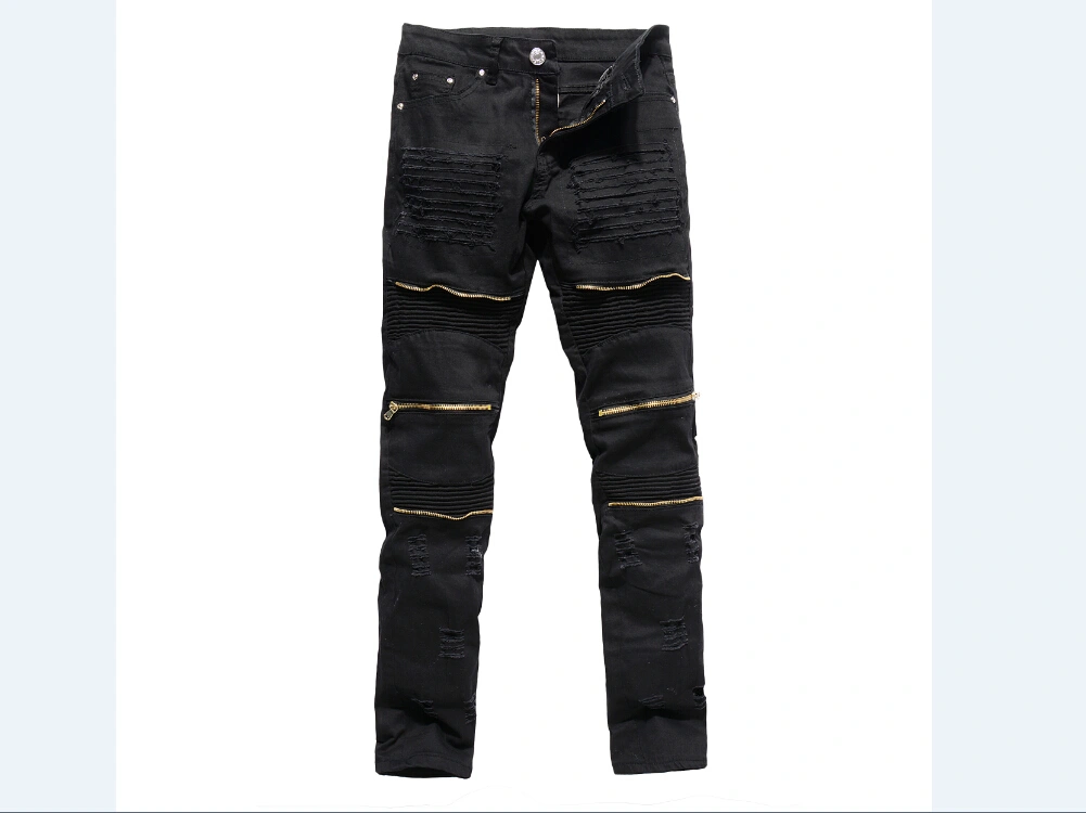 Men Ripped Jeans, Zipper Straight Trousers, Distressed Long Pants