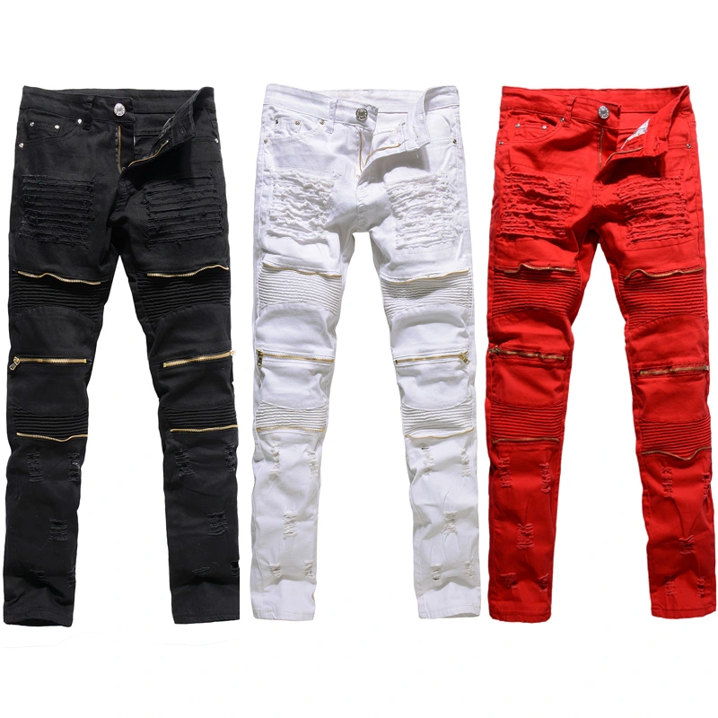 Men Ripped Jeans, Zipper Straight Trousers, Distressed Long Pants