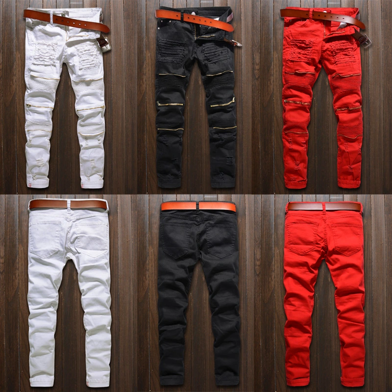 Men Ripped Jeans, Zipper Straight Trousers, Distressed Long Pants
