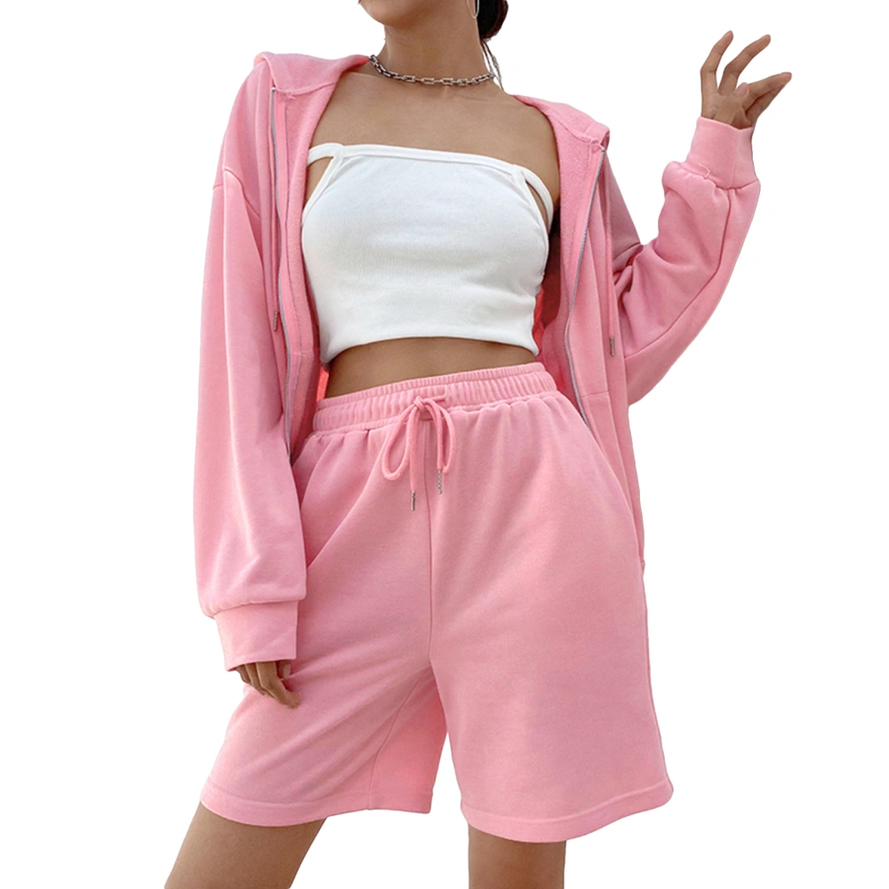 Women Clothes Set, Solid Color Hooded Jacket and Elastic Waist Shorts