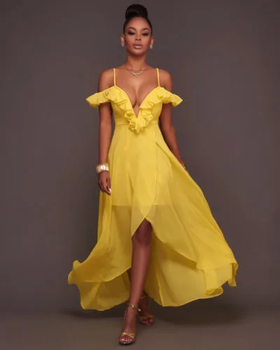 Women's Formal Pure Color Long Evening Dress with Irregular Hem