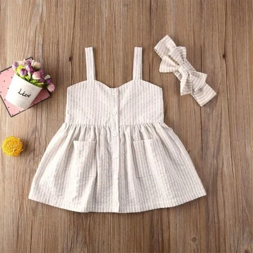 Baby Girls Summer Clothes Set Sleeveless Stripe Dress+Bow Headband