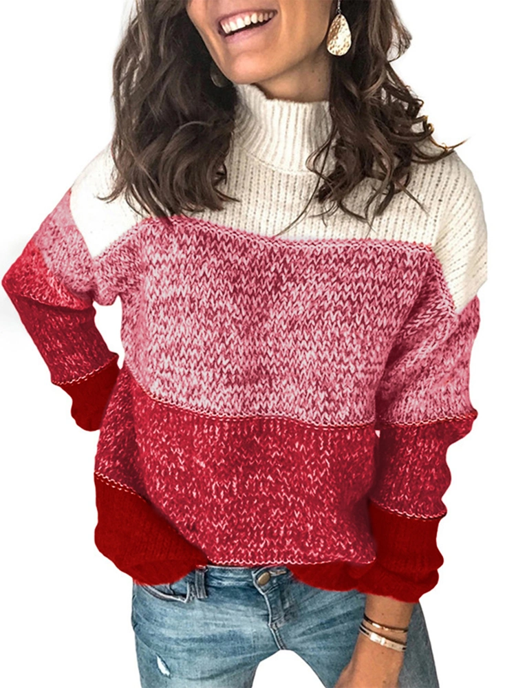 Women Turtleneck Sweater Long Sleeve Color Block Loose Chunky Knitted Pullover