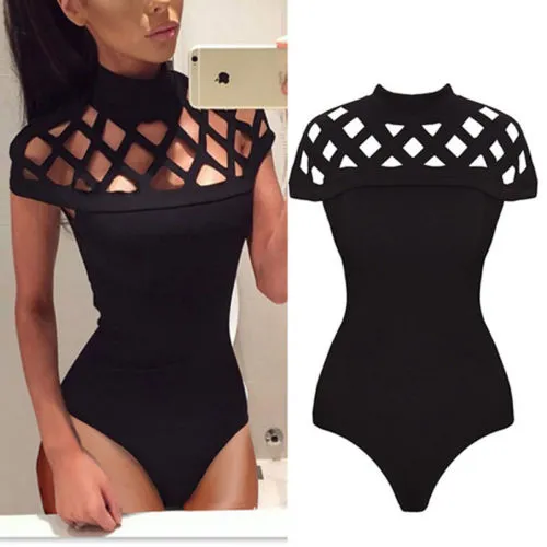 Women Bodysuit, Short Sleeve Cut Out High Collar Triangle Crotch