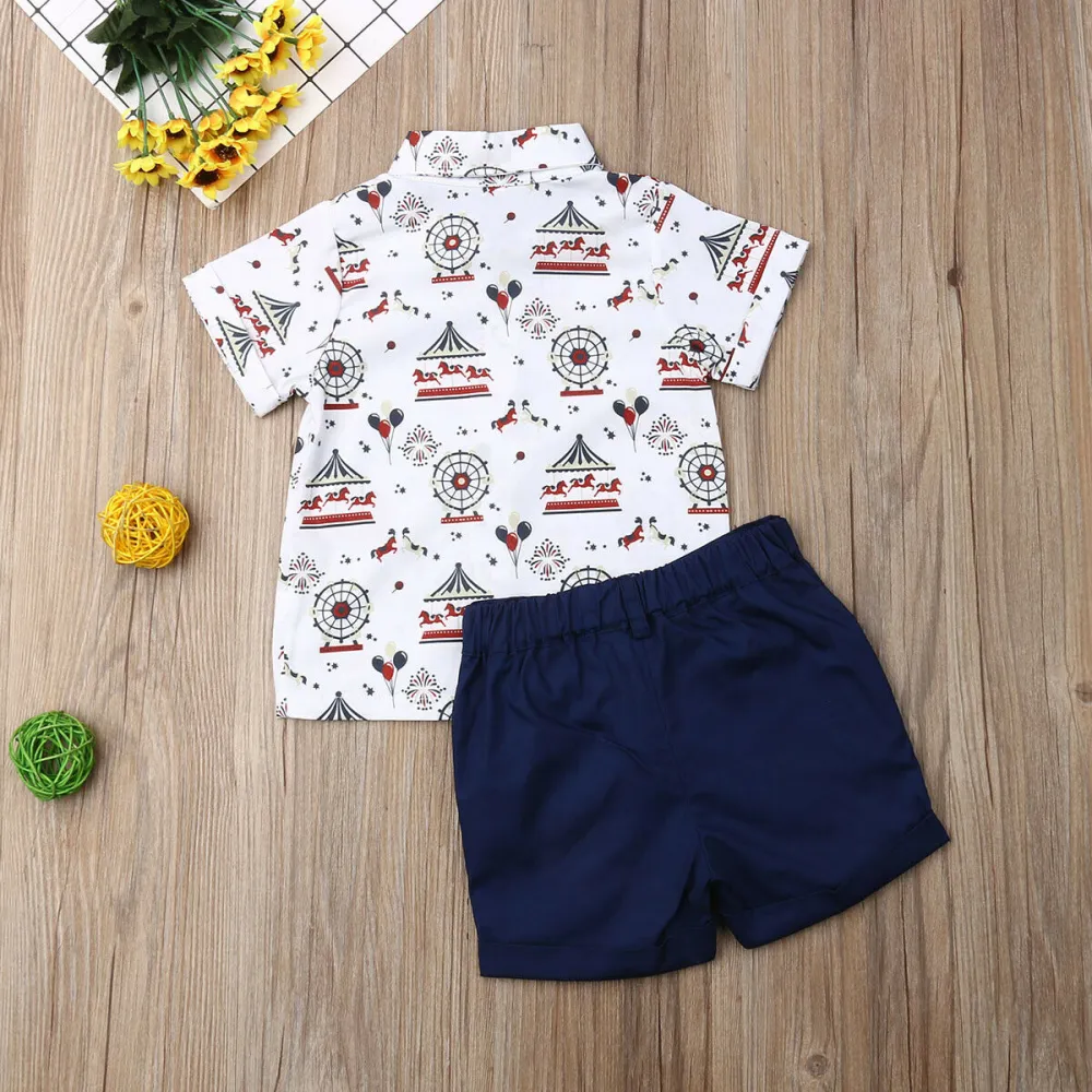 Baby Boy's Short Sleeve Cartoon Print Button Down Tops + Solid Color Shorts