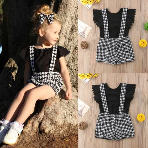 Baby Girls Summer Clothes Set Lace Short Sleeve T-shirt+Plaid Strap Shorts