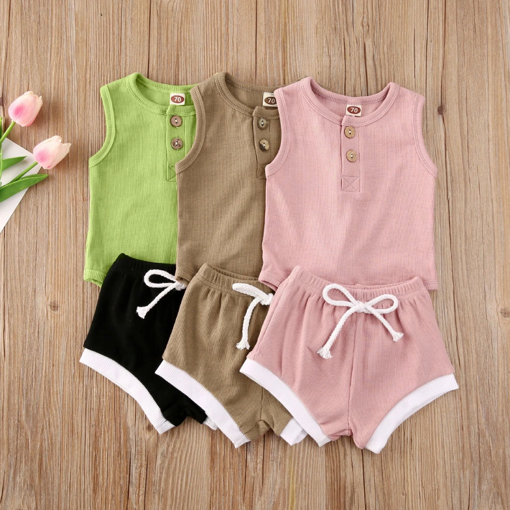 Babies Two-piece Clothes Set, Solid Color Sleeveless Romper and Shorts