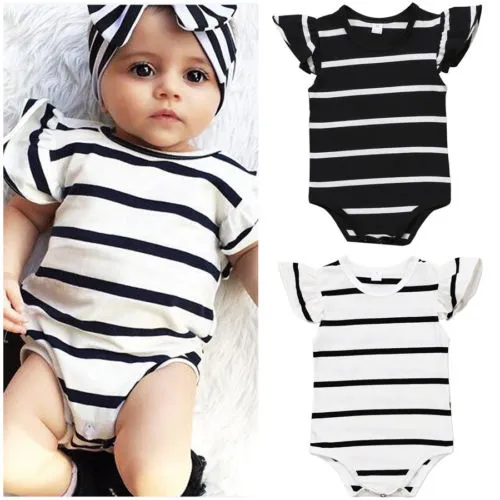 Baby's Striped One-piece Romper, Ruffles Sleeve Triangle Crotch Bodysuit