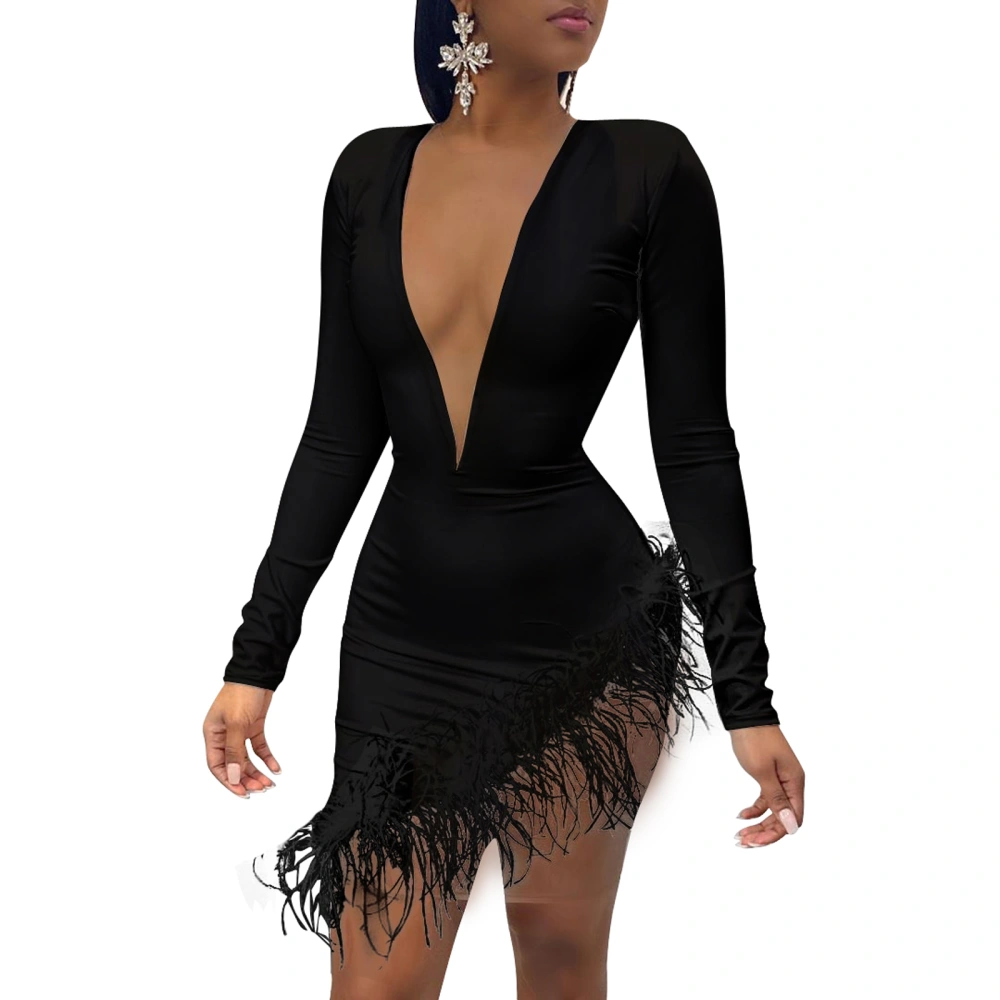 Women Solid color Mesh Patchwork Long Sleeve Feather Deep V-neck Dress