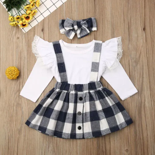 Baby Girls Long Sleeve Lace Top + Plaid Suspender Skirt + Headband