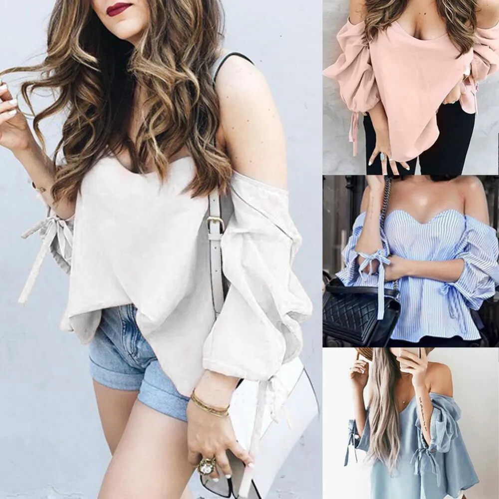 Women Off Shoulder Shirt Long Sleeve Loose Drawstrings Pullover