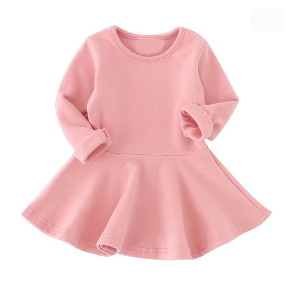 Baby Girls Spring Autumn Dress Solid Color 3/4 Sleeve O-neck Tutu Sundress