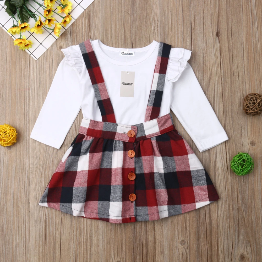 Baby Girls Plaid Print Button Suspender Skirt+ Long Sleeve Solid Color Top