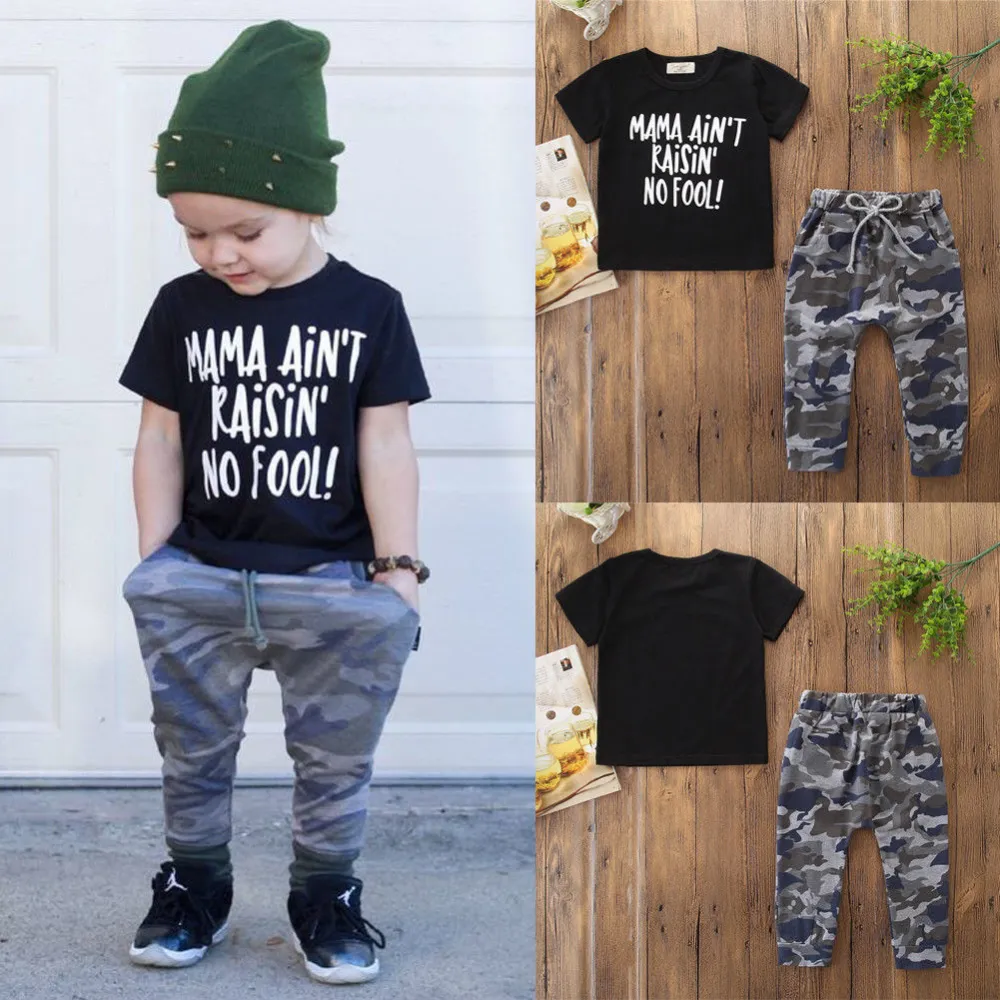 Boys' 2Pcs Casual Suit, Short Sleeve T-shirt with Camouflage Long Pants