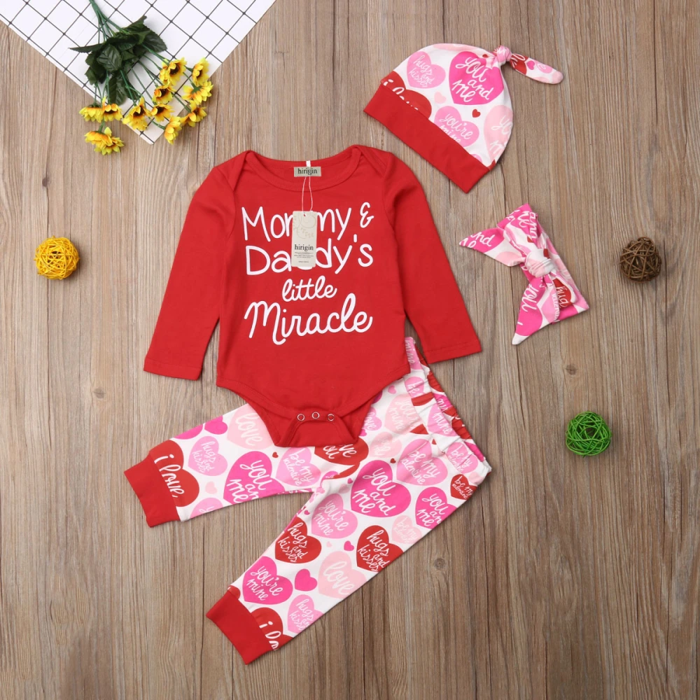 Baby Girl's Red Long Sleeve Letter Romper + Letter Heart Pants + Headband + Hat