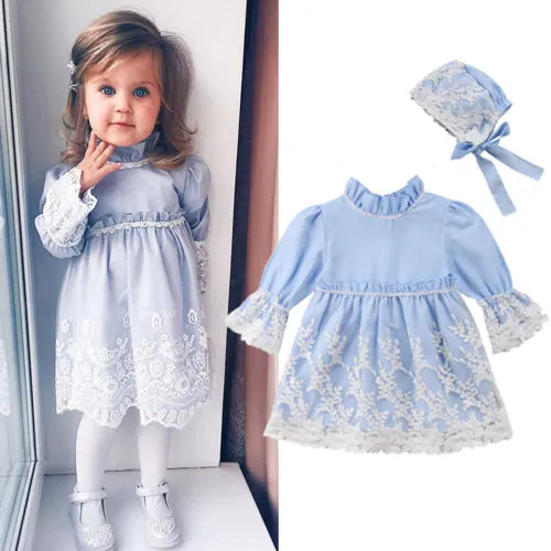 Baby Girls Princess Dress Set Blue Lace Flare Sleeve Tutu Dress + Hat Outfits