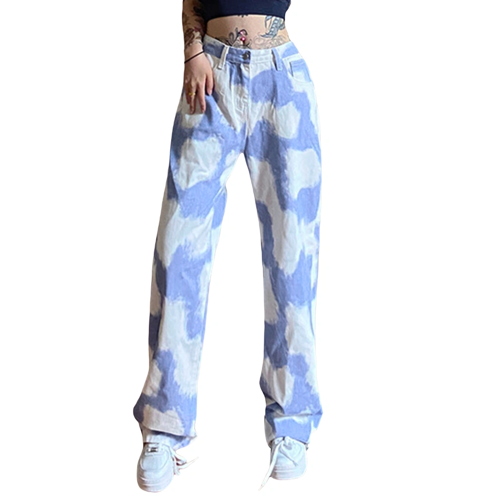 Women Tie-dyed Printing Jeans, High Waist Straight-leg Trousers