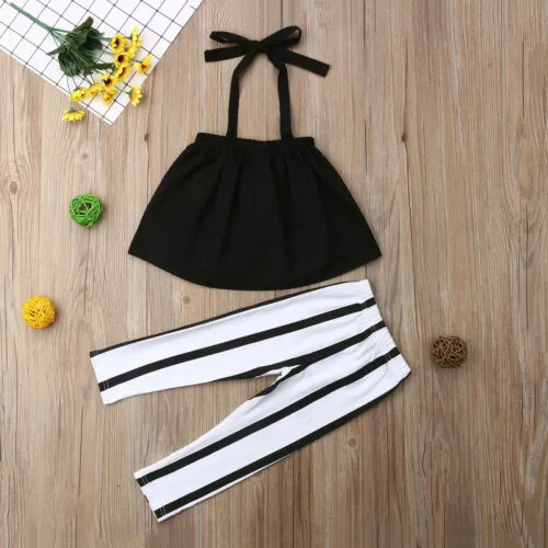 Baby Girls Summer Clothes Set Off Shoulder Solid Color Crop Tops + Stripe Pants Leggings 2Pcs Kids Casual Outfits