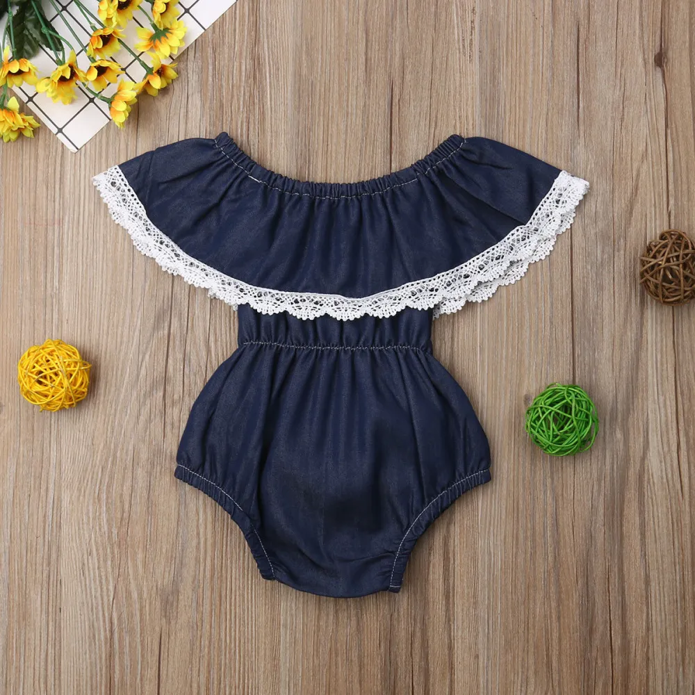 Baby Girls Summer Romper, Off Shoulder Floral Lace Denim Bodysuit