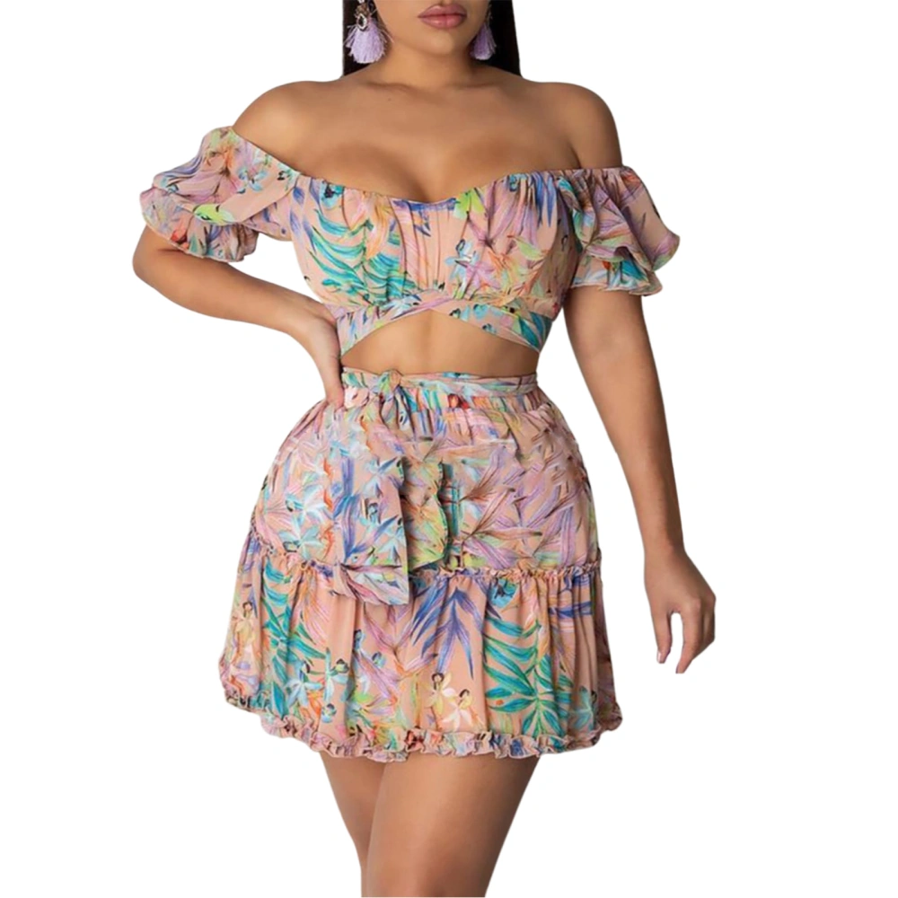 Female Floral Print Boat Neck Short Sleeve Crop Tops+ Short Skirt