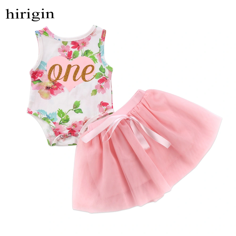 Baby Girls Outfits Sleeveless Floral Print Romper + Net Yarn Bow Tutu Skirt