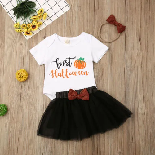 Girls White Pumpkin Print Romper + Black Tulle Skirt + Headband