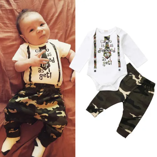 Boy's White Camouflage Letter Print Romper + Camouflage Pants