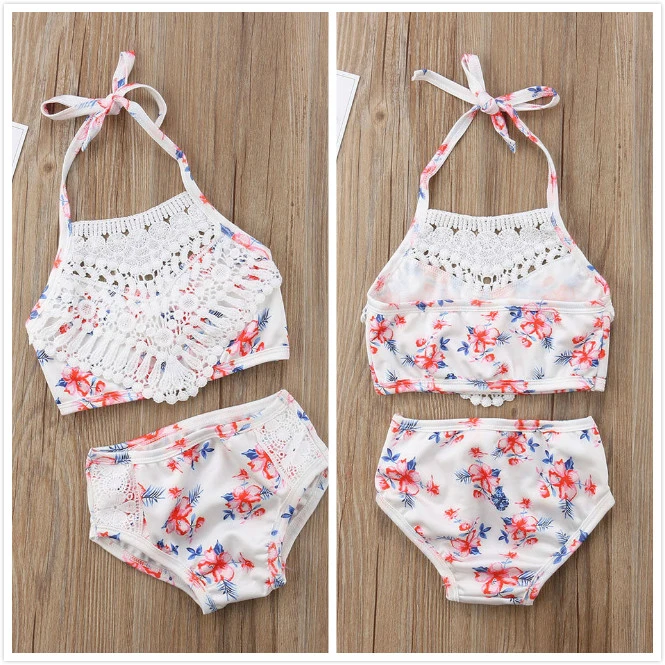 Girls 2Pcs Bikini Set, Lace Sling Tops + Shorts Floral Print Bathing Suit